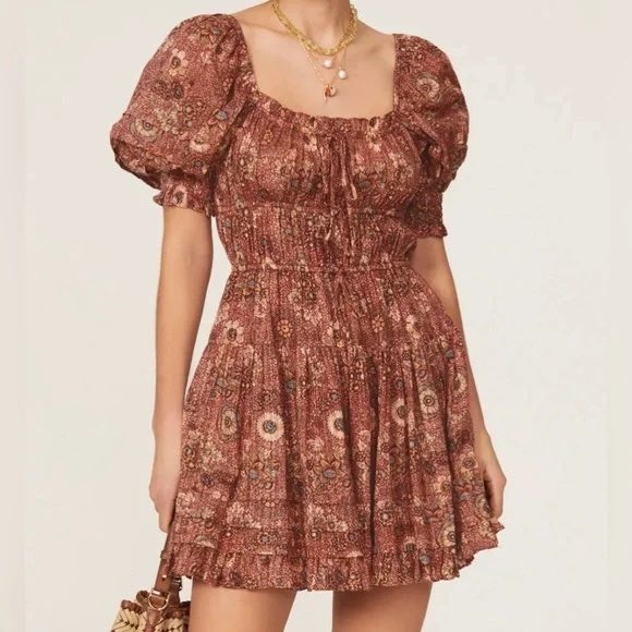 Ulla Johnson Mini Dress Juniper Rosebud Floral Puff Sleeves Size 4 Red Smocked